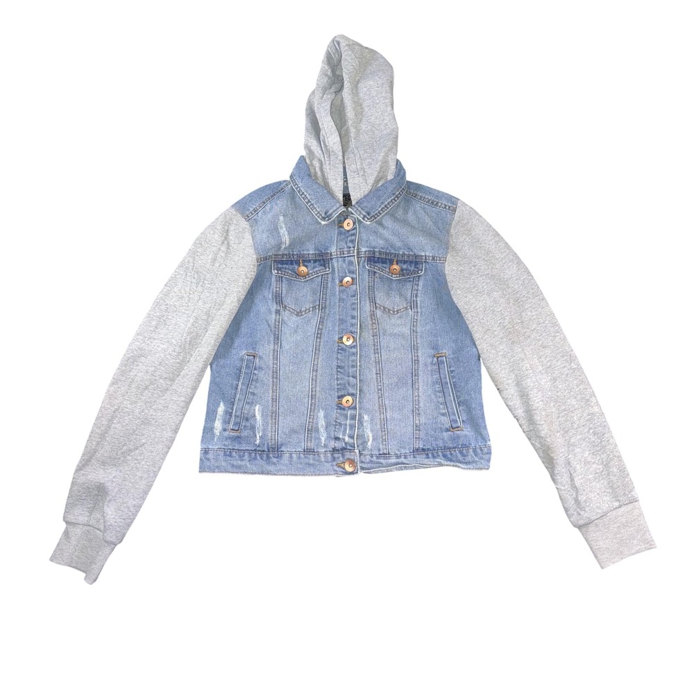 Miss‎ Posh Jacket Womens Medium Blue Gray Hooded Denim Knit Sleeves Distressed